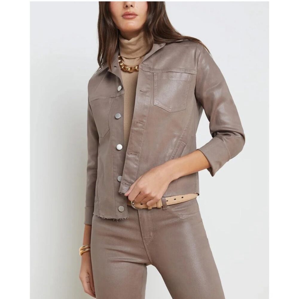 L'agence Coated Taupe Denim Janelle Jacket Jean Button Up Top Women's Size Small